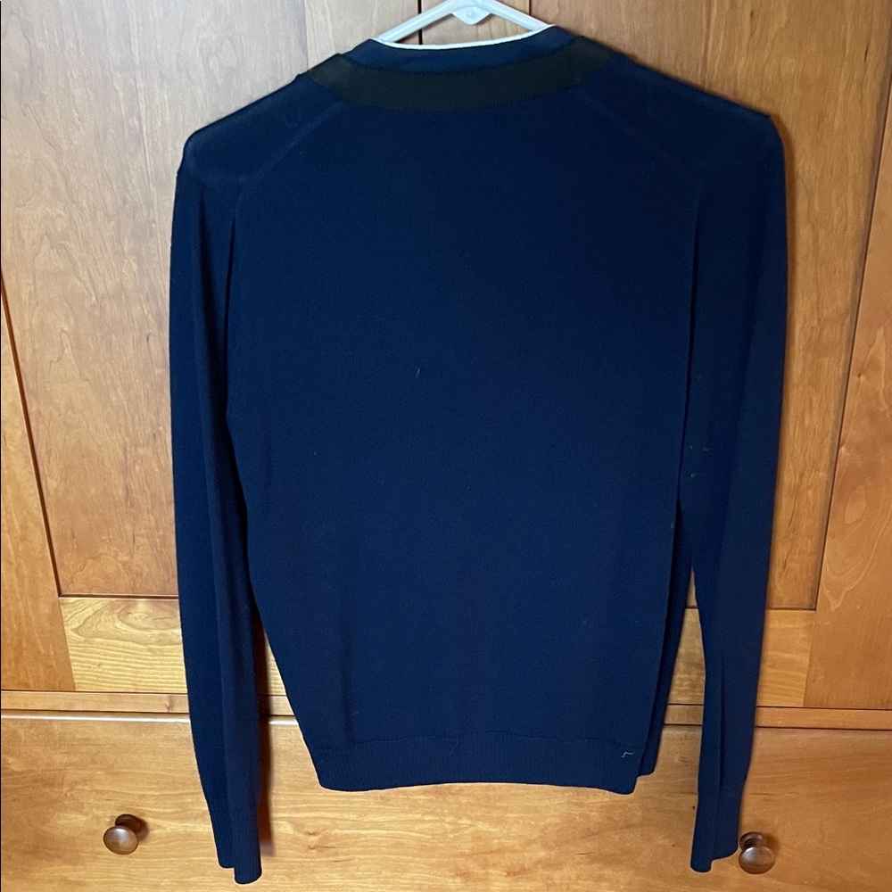J. Crew Merino Wool Ribbon Front Navy Career Cardigan with Black and White Trim - Picture 3 of 5